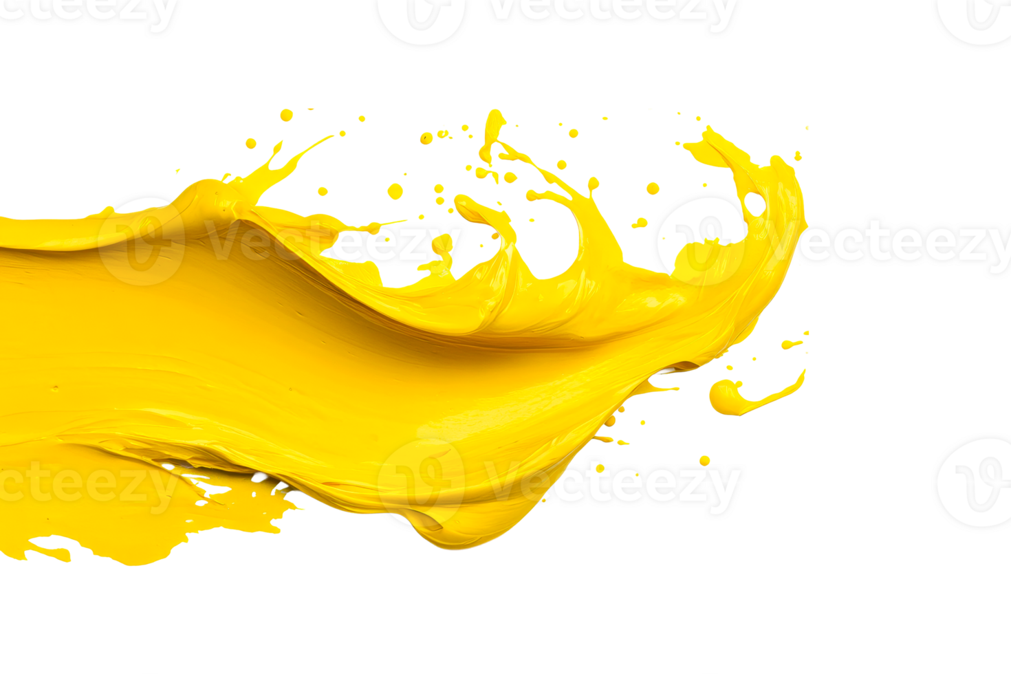 Yellow paint splash abstract flow on black backdrop, cut out transparent png