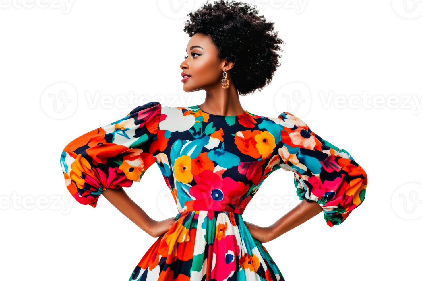 Fashionable black woman in vibrant floral dress posing, cut out transparent png