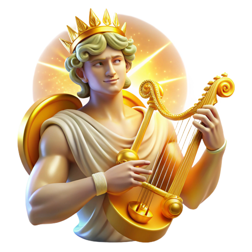dramatic minimalist A radiant Apollo playing a golden lyre, surrounded by muses, bright and airy lighting, Renaissance style professional png