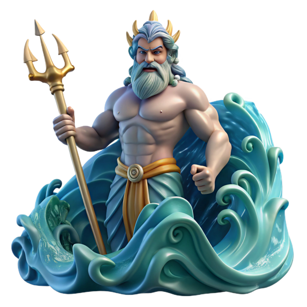 dramatic minimalist A powerful Poseidon commanding the waves, trident in hand, stormy ocean lighting, Romantic style premium png