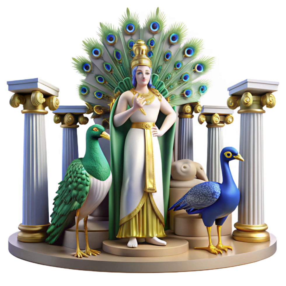 beautiful creative A vengeful Hera plotting against Zeus, surrounded by peacocks, dramatic spotlighting, neoclassical style professional png