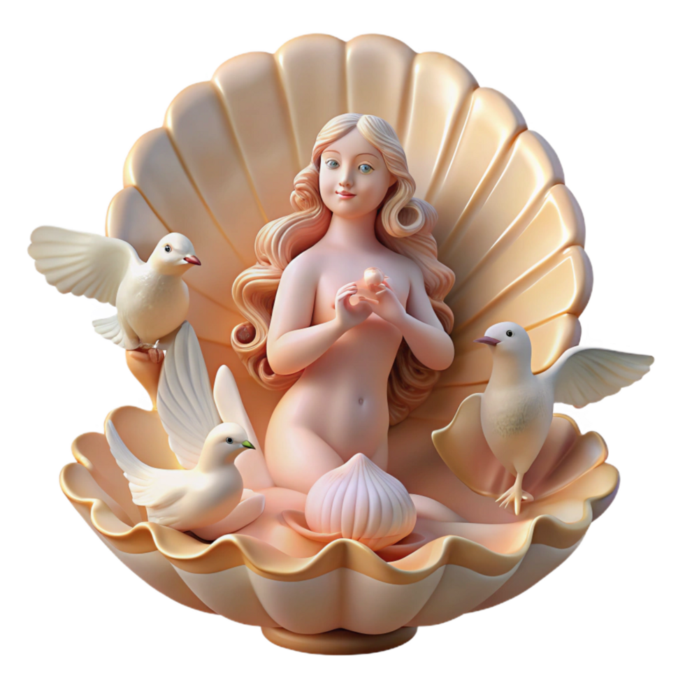 dramatic modern A loving Aphrodite emerging from a seashell, surrounded by doves, soft and romantic lighting, Rococo style 4K png
