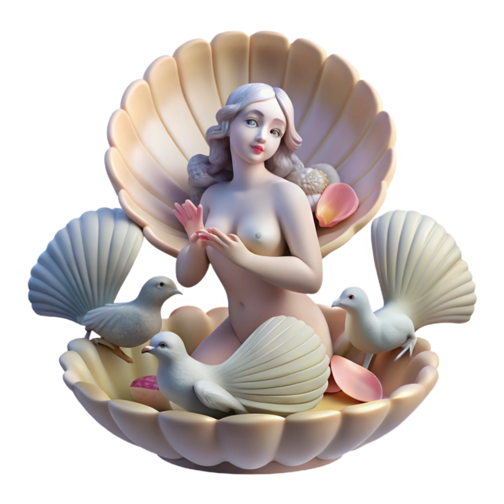 beautiful creative A loving Aphrodite emerging from a seashell, surrounded by doves, soft and romantic lighting, Rococo style genuine png