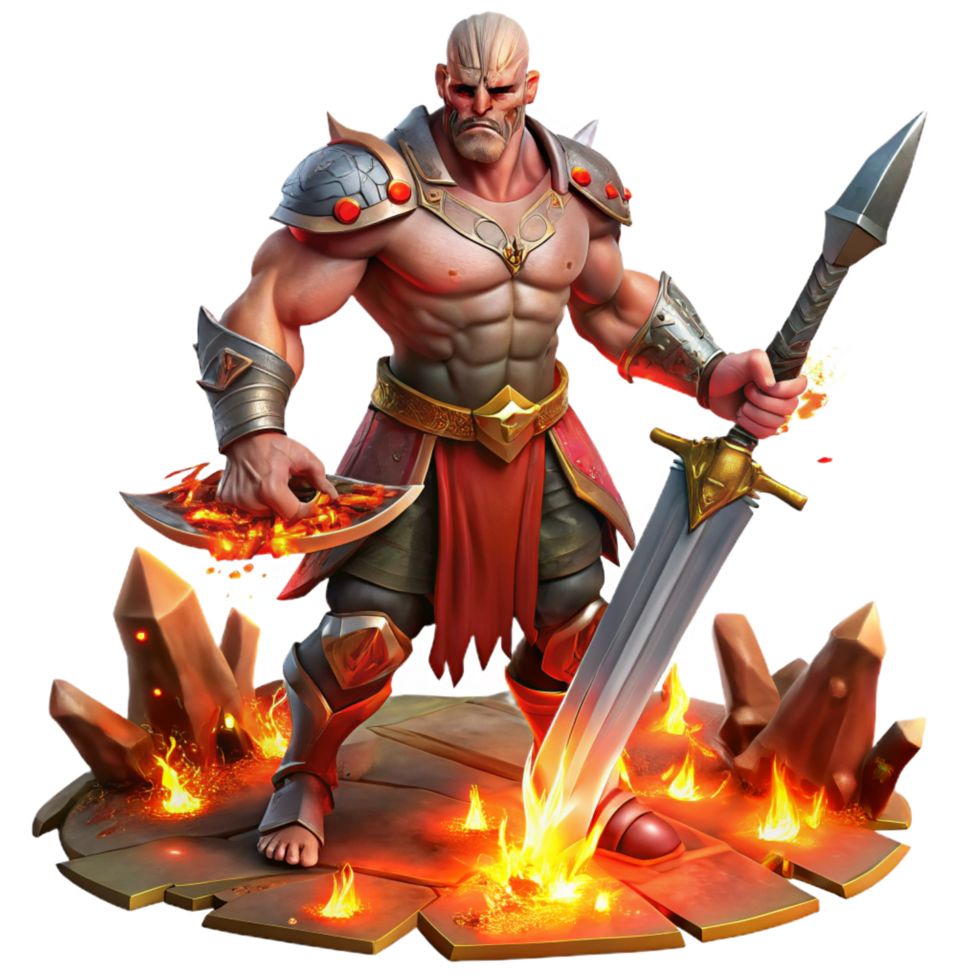 vibrant creative A fierce Ares wielding a bloodied sword, surrounded by fallen warriors, dramatic firelight, fantasy art style authentic png