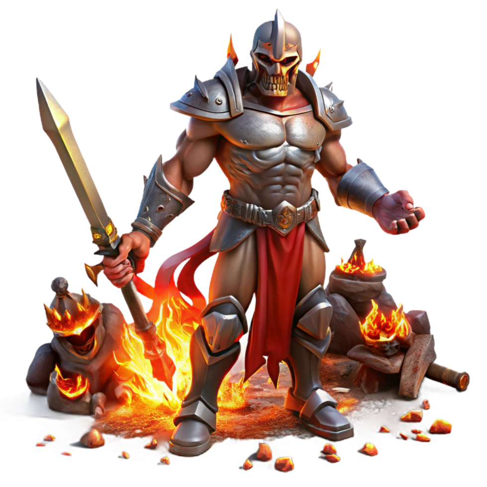 elegant artistic A fierce Ares wielding a bloodied sword, surrounded by fallen warriors, dramatic firelight, fantasy art style high quality png