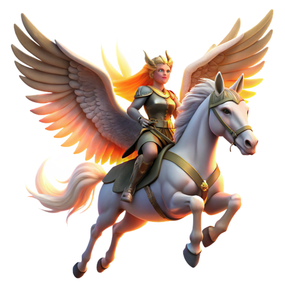 elegant traditional A brave Valkyries riding winged horses, carrying fallen heroes, dramatic sunset lighting, fantasy art style high resolution png