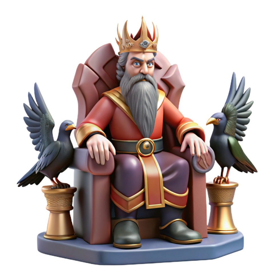 magnificent abstract A powerful Odin sitting on his throne, two ravens perched on his shoulders, majestic lighting, Viking art style detailed png