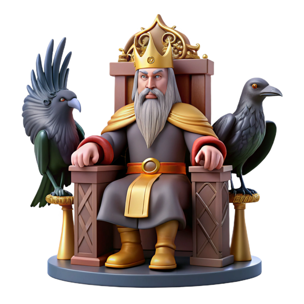 wonderful classic A powerful Odin sitting on his throne, two ravens perched on his shoulders, majestic lighting, Viking art style 4K png