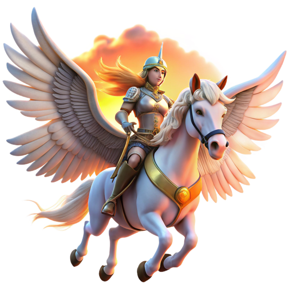 elegant abstract A brave Valkyries riding winged horses, carrying fallen heroes, dramatic sunset lighting, fantasy art style genuine png