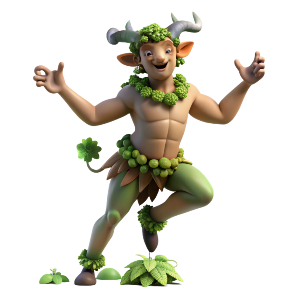 magnificent creative A playful satyr, dancing in a forest glade, crowned with ivy and grapevines, illuminated by dappled sunlight, in a Rococo painting style authentic png
