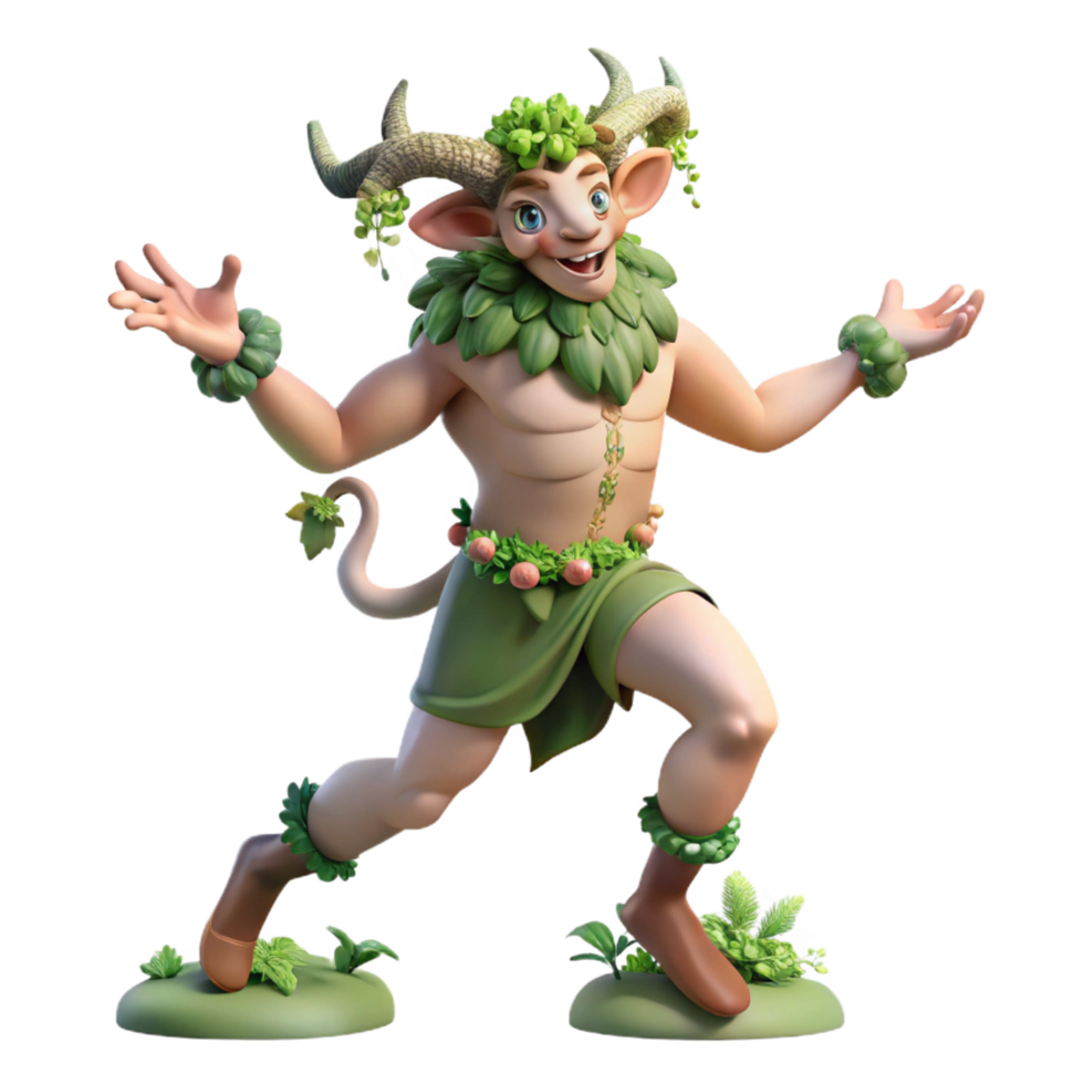 vibrant minimalist A playful satyr, dancing in a forest glade, crowned with ivy and grapevines, illuminated by dappled sunlight, in a Rococo painting style professional png
