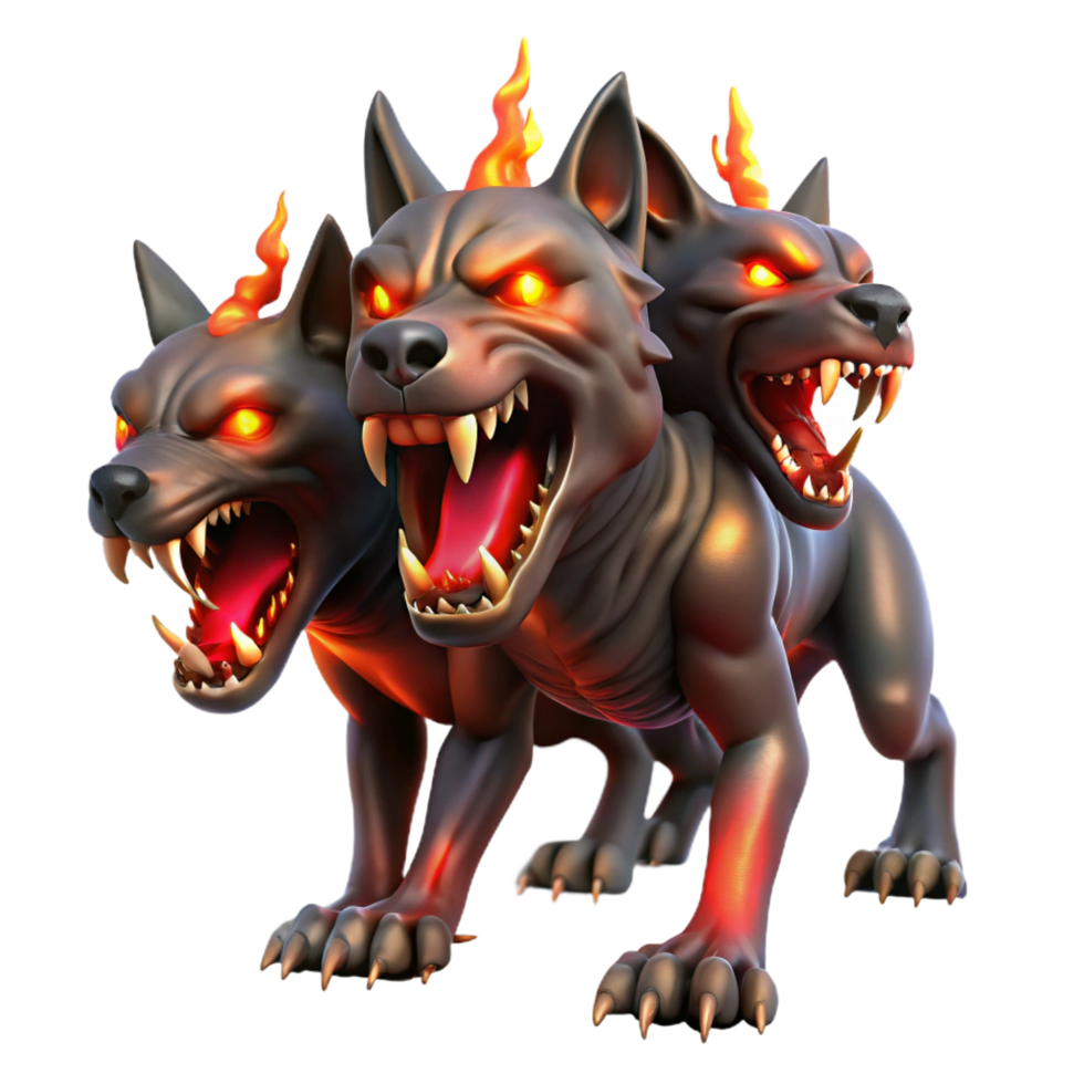 magnificent traditional A terrifying Cerberus, guarding the gates of the underworld, its three heads snarling, illuminated by fiery red light, in a dark fantasy art style professional png