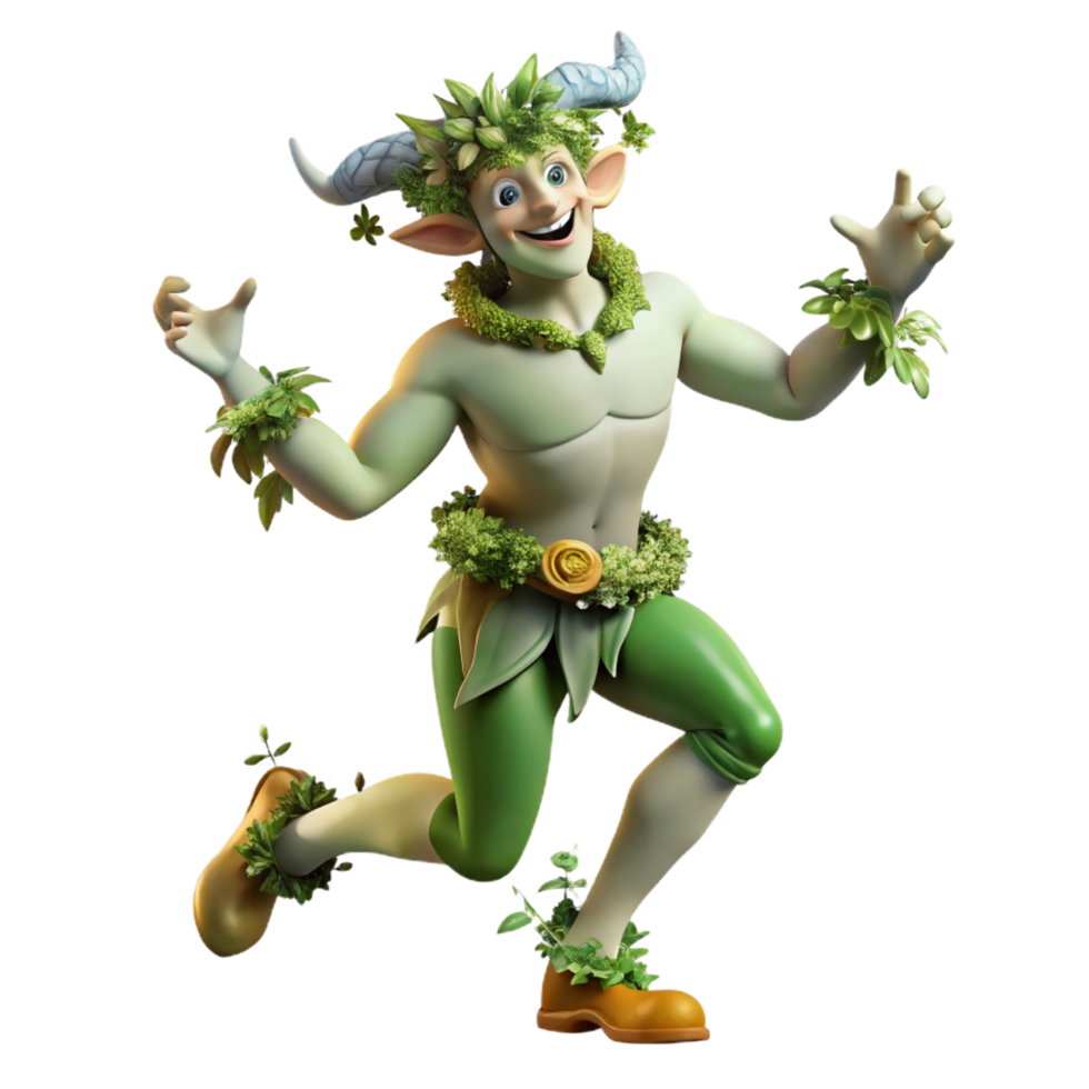 serene vintage A playful satyr, dancing in a forest glade, crowned with ivy and grapevines, illuminated by dappled sunlight, in a Rococo painting style premium png