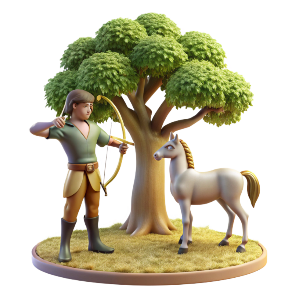 impressive rustic A wise centaur, teaching archery to a young human, under the shade of an ancient oak tree, illuminated by warm golden sunlight, in a Renaissance painting style detailed png