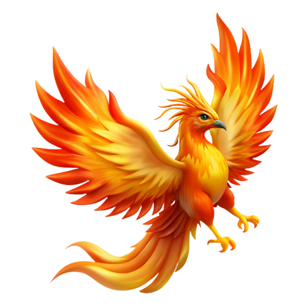 elegant abstract A beautiful phoenix, rising from the ashes, its feathers ablaze with vibrant orange and yellow flames, illuminated by its own light, in a fantasy art style authentic png