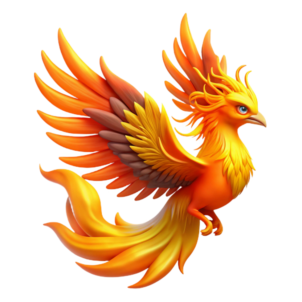 serene vintage A beautiful phoenix, rising from the ashes, its feathers ablaze with vibrant orange and yellow flames, illuminated by its own light, in a fantasy art style high quality png