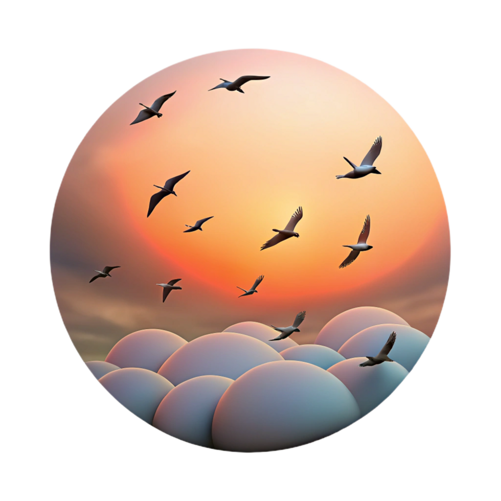 dramatic modern A flock of birds flying in formation, sunset sky, serene and peaceful 4K png