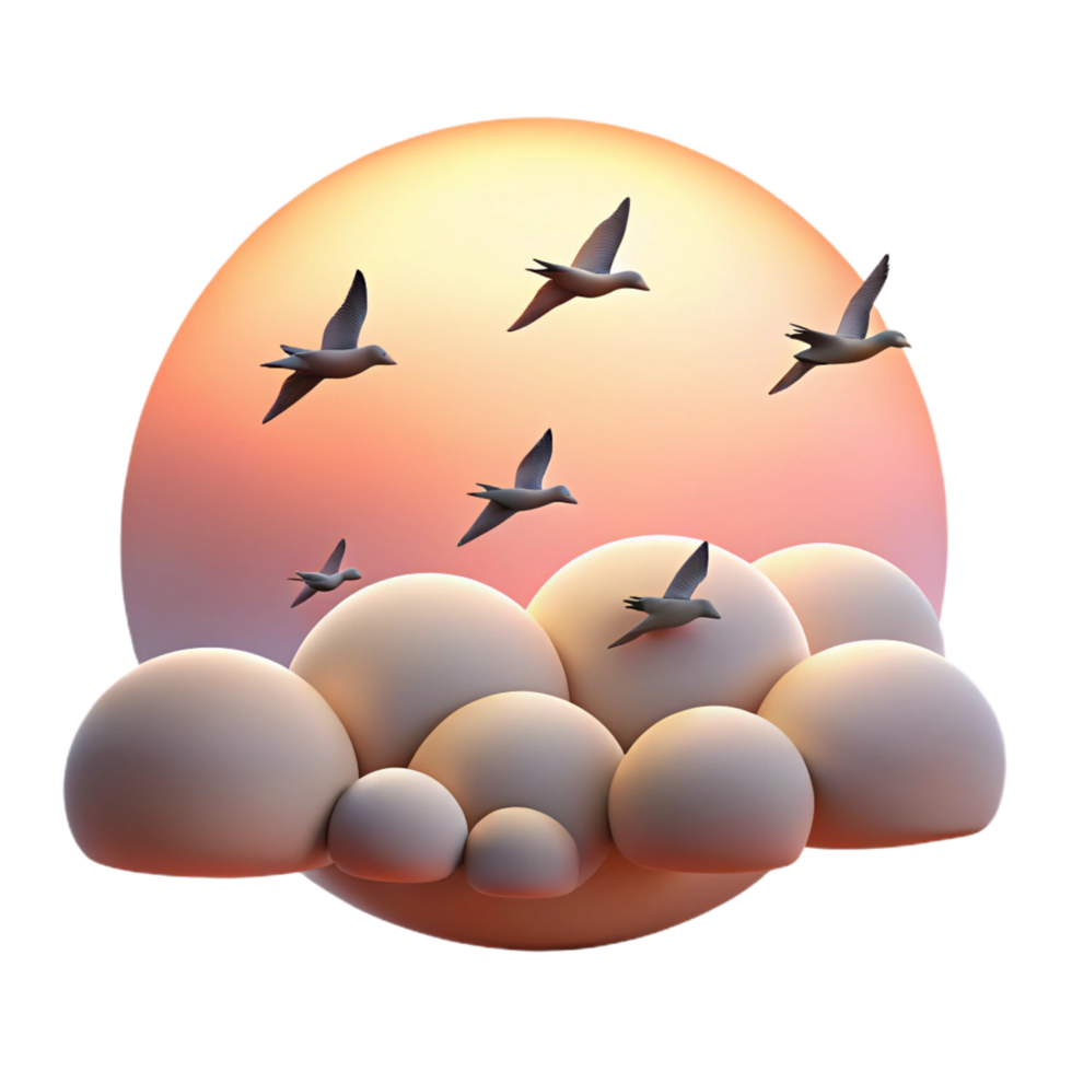 dramatic modern A flock of birds flying in formation, sunset sky, serene and peaceful original png