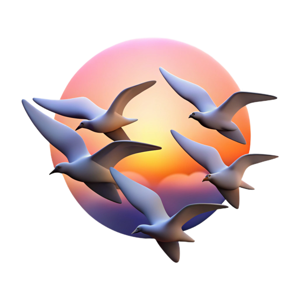 elegant artistic A flock of birds flying in formation, sunset sky, serene and peaceful detailed png