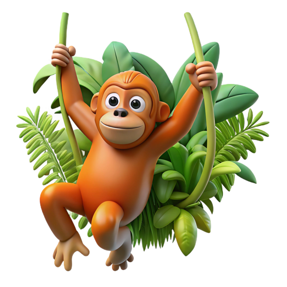 stunning contemporary A playful orangutan swinging through the jungle, dynamic pose, lush green foliage original png
