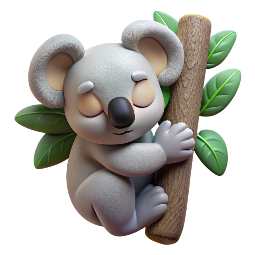 beautiful minimalist A sleepy koala clinging to a eucalyptus tree, soft and fluffy fur, Australian outback setting genuine png