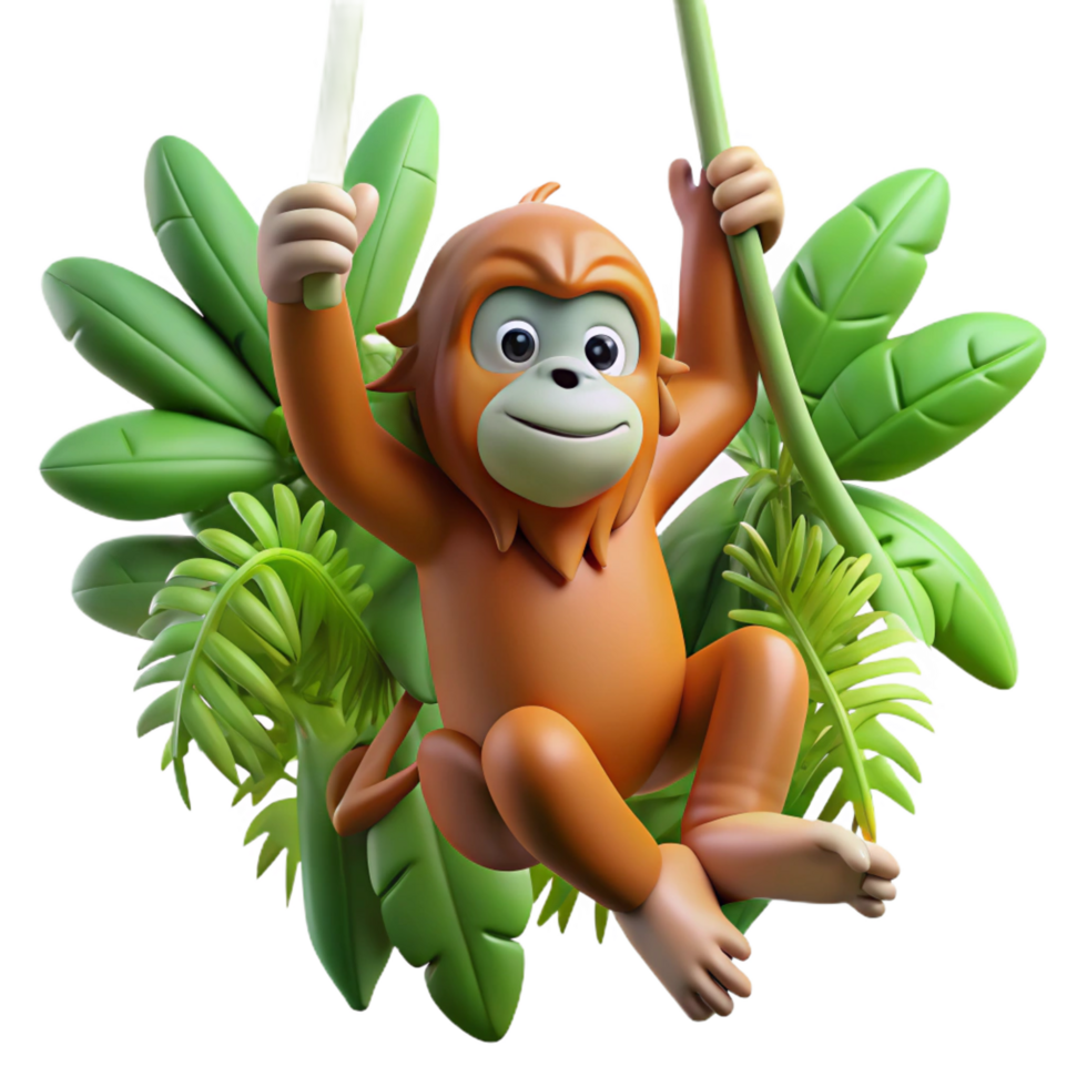 beautiful contemporary A playful orangutan swinging through the jungle, dynamic pose, lush green foliage high resolution png