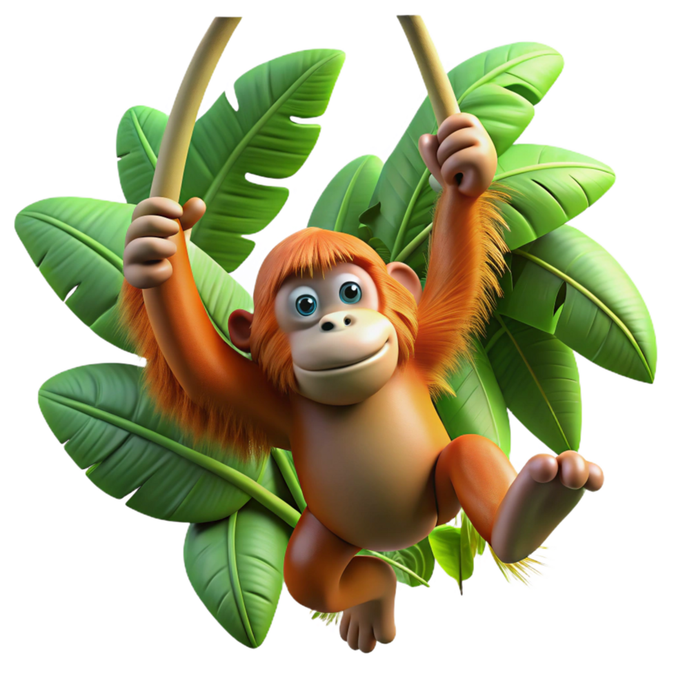elegant abstract A playful orangutan swinging through the jungle, dynamic pose, lush green foliage authentic png
