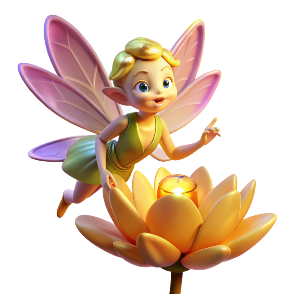 vibrant minimalist A mischievous pixie with dragonfly wings, hovering over a blooming flower, illuminated by a warm, golden light. Art Deco style authentic png