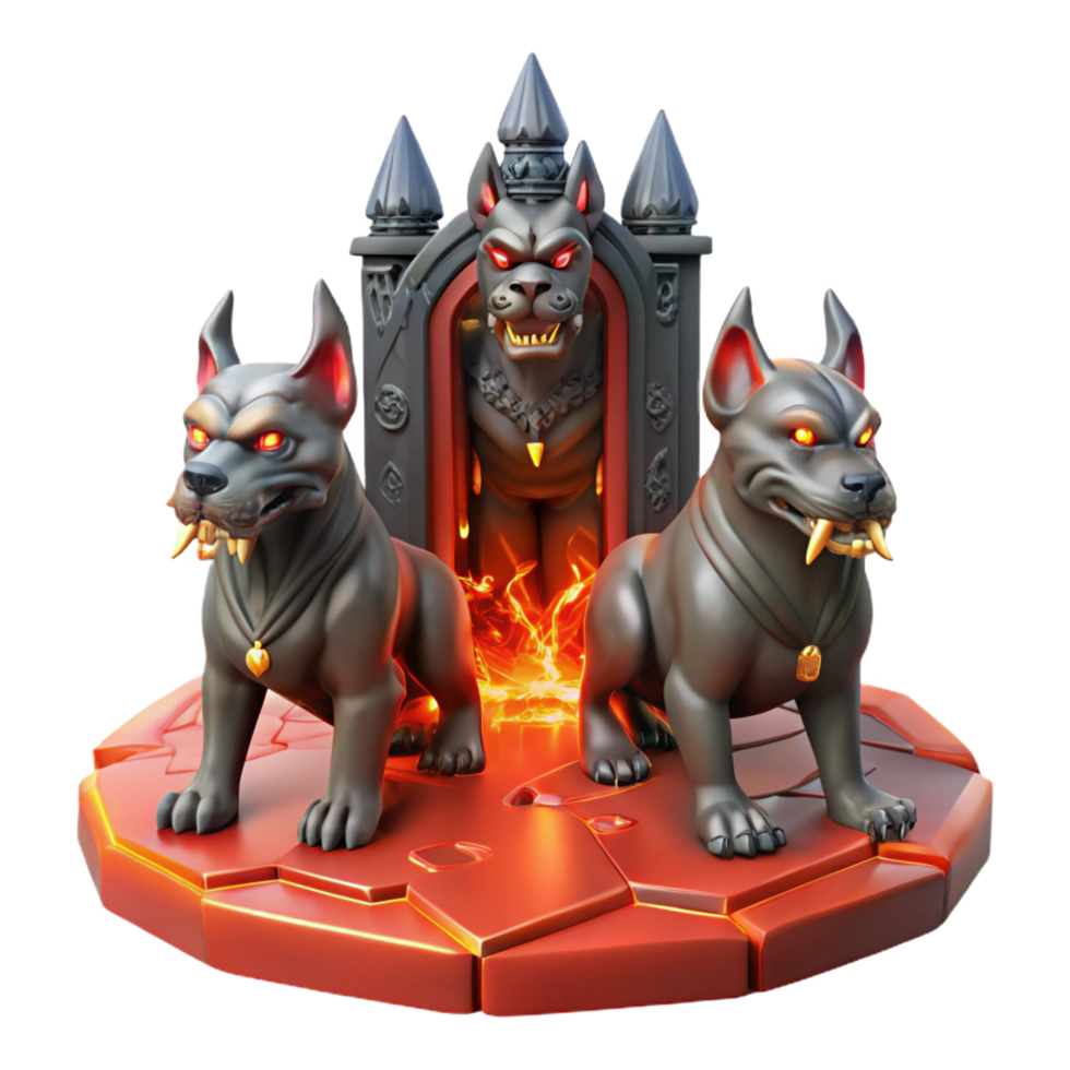 impressive abstract A stoic, three-headed Cerberus guarding the gates of the underworld, bathed in the red glow of lava. Dark fantasy style original png