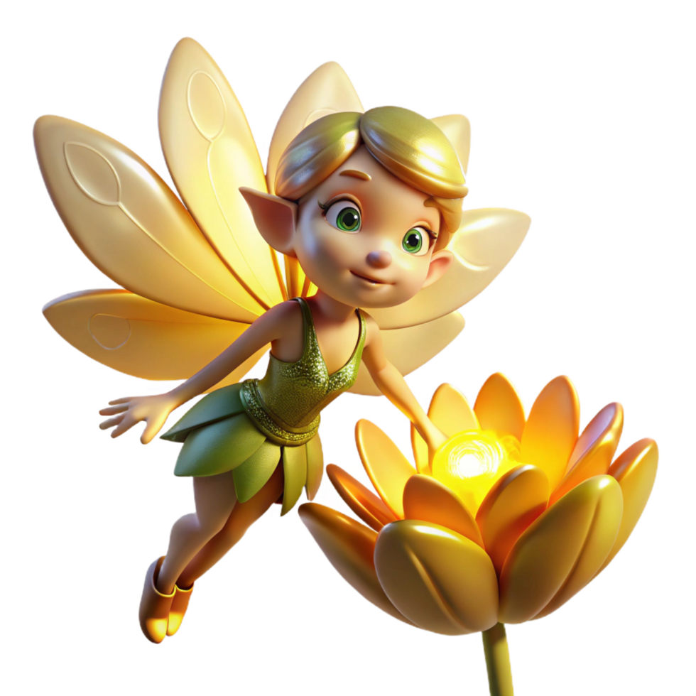 impressive artistic A mischievous pixie with dragonfly wings, hovering over a blooming flower, illuminated by a warm, golden light. Art Deco style high quality png