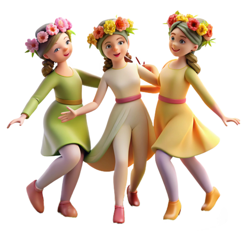 extraordinary modern A group of nymphs dancing in a sunlit meadow, adorned with flower crowns. Romantic style professional png