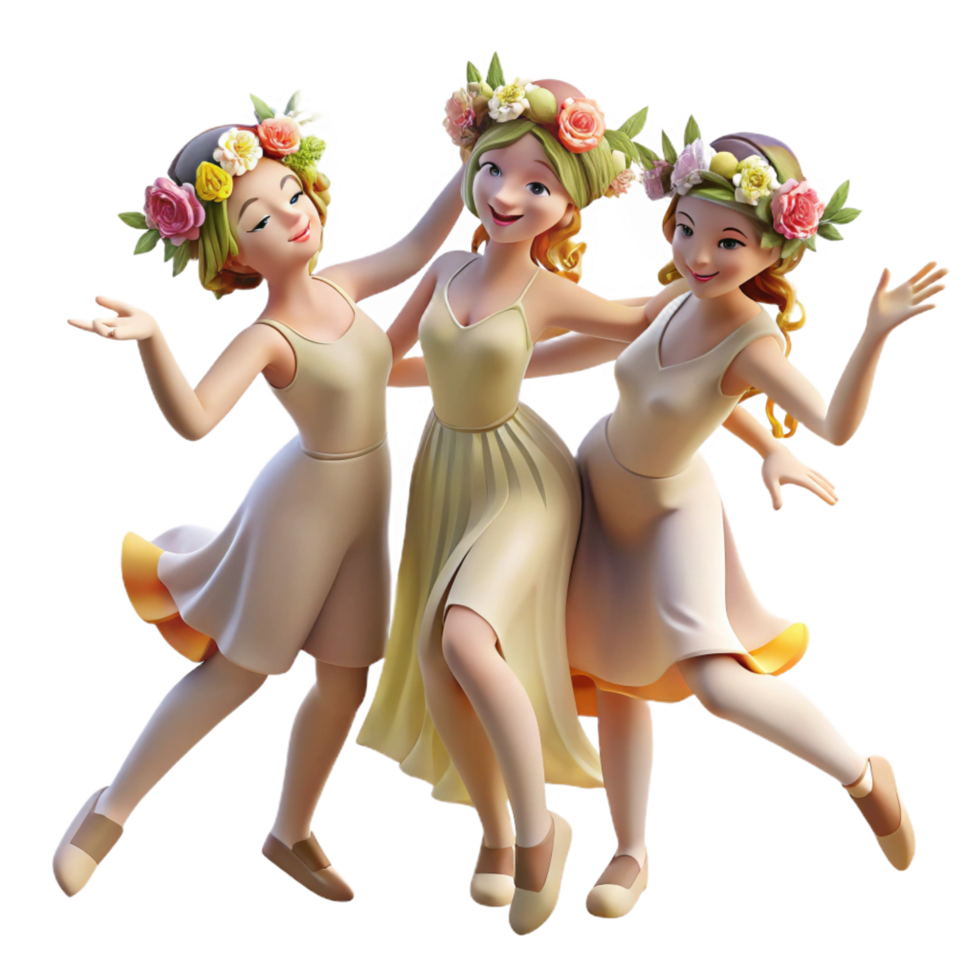 magnificent contemporary A group of nymphs dancing in a sunlit meadow, adorned with flower crowns. Romantic style high resolution png
