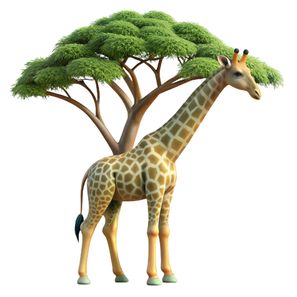 wonderful contemporary A graceful giraffe reaching for leaves on a tall acacia tree, African savanna setting, photorealistic style genuine png