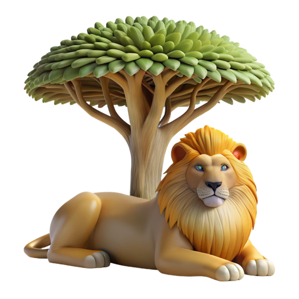 beautiful contemporary A regal lion resting in the shade of a baobab tree, golden hour lighting, realistic painting style 4K png