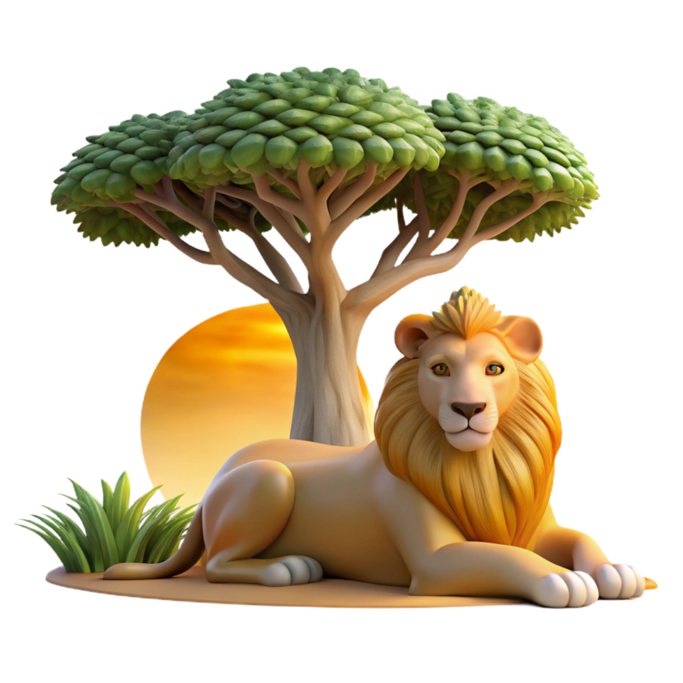 stunning abstract A regal lion resting in the shade of a baobab tree, golden hour lighting, realistic painting style high quality png