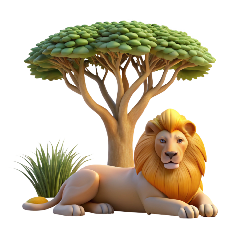 magnificent modern A regal lion resting in the shade of a baobab tree, golden hour lighting, realistic painting style genuine png