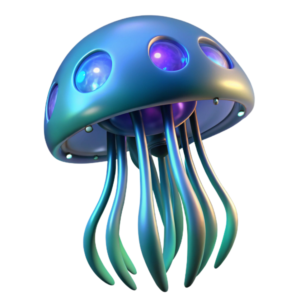 wonderful contemporary A giant, bioluminescent jellyfish, floating serenely in the deep ocean of an alien planet. Biopunk style, ambient lighting premium png