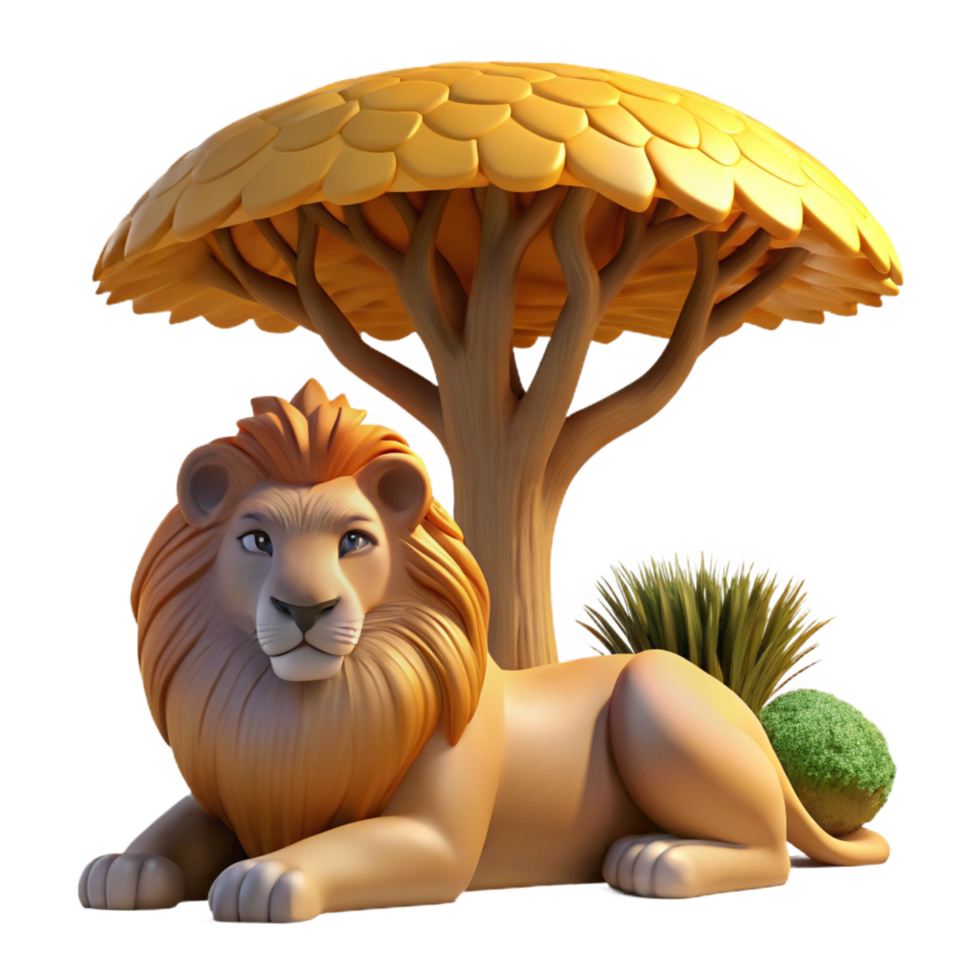 elegant traditional A regal lion resting in the shade of a baobab tree, golden hour lighting, realistic painting style high resolution png