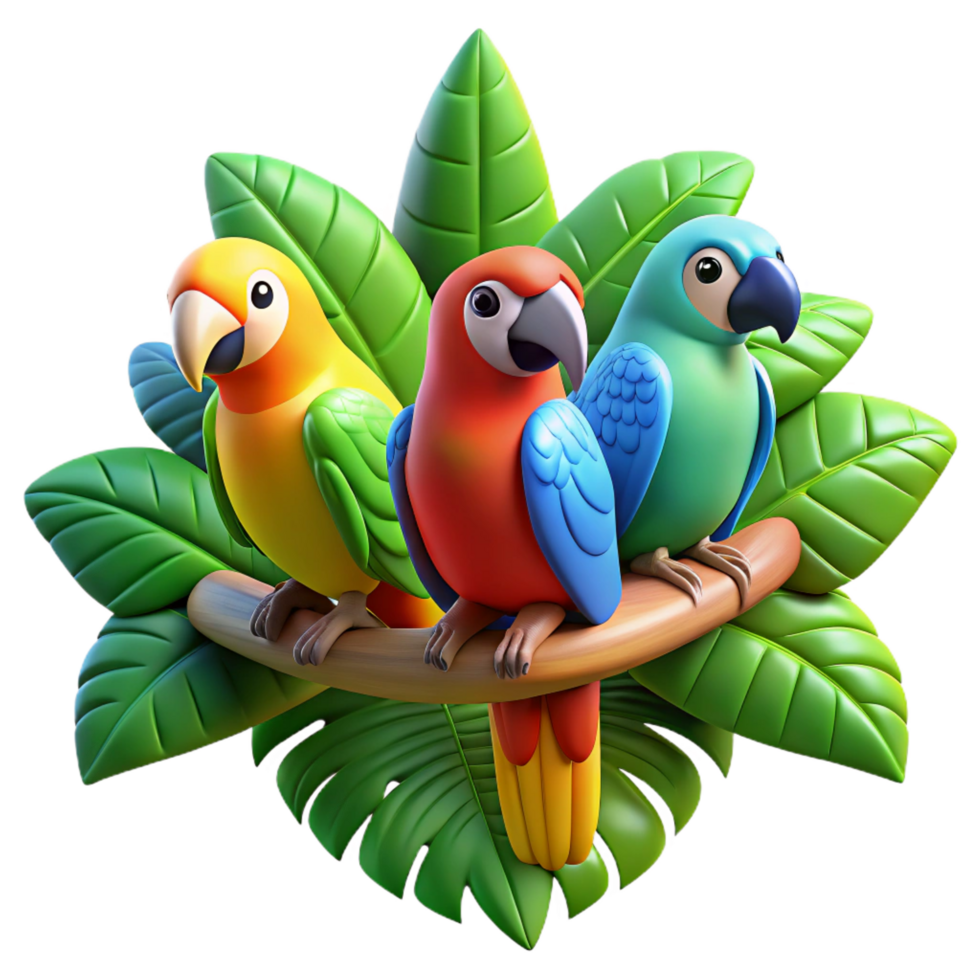 dramatic traditional A group of colorful parrots perched on a branch, tropical rainforest setting, vibrant colors, photography style authentic png