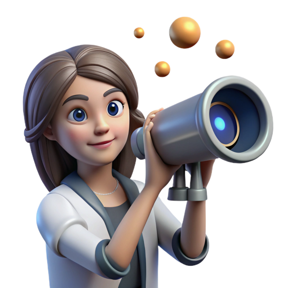 wonderful abstract A young woman with cybernetic eyes, looking through a telescope at a distant, binary star system. Realistic style, soft lighting original png
