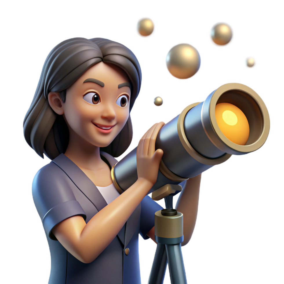 wonderful contemporary A young woman with cybernetic eyes, looking through a telescope at a distant, binary star system. Realistic style, soft lighting professional png
