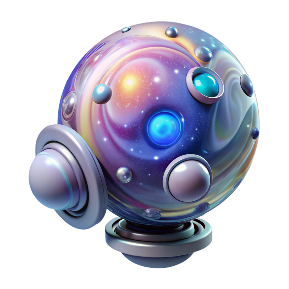vibrant contemporary A floating, transparent orb filled with swirling galaxies, held by a robotic arm. Abstract style, ethereal lighting 4K png