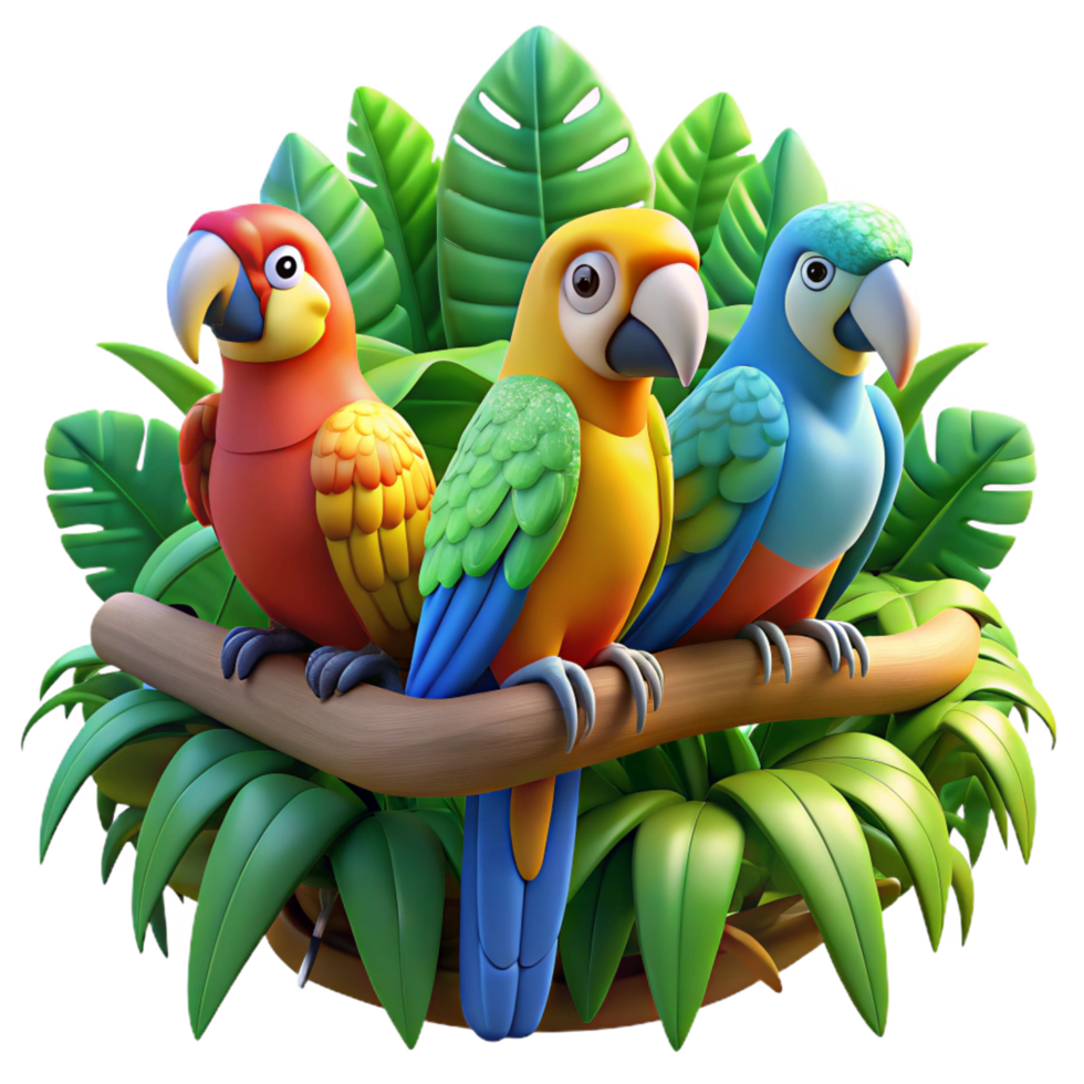 impressive abstract A group of colorful parrots perched on a branch, tropical rainforest setting, vibrant colors, photography style professional png