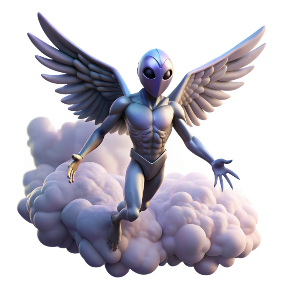 elegant traditional A humanoid alien with feathered wings, soaring through the clouds of a gas giant. Fantasy sci-fi style, soft lighting premium png