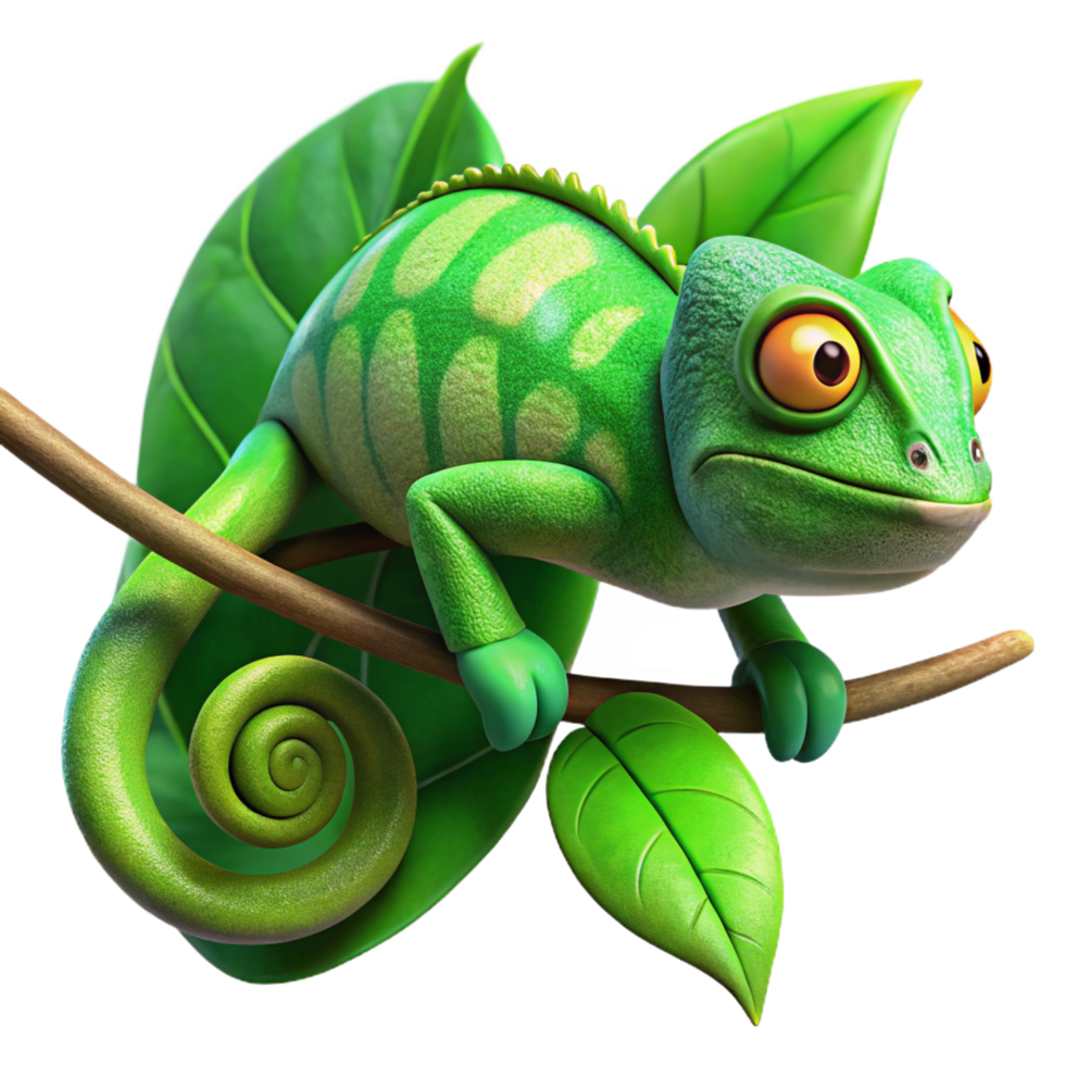 magnificent vintage A chameleon blending into a leafy branch, vibrant green and brown colors, macro photography style exclusive png