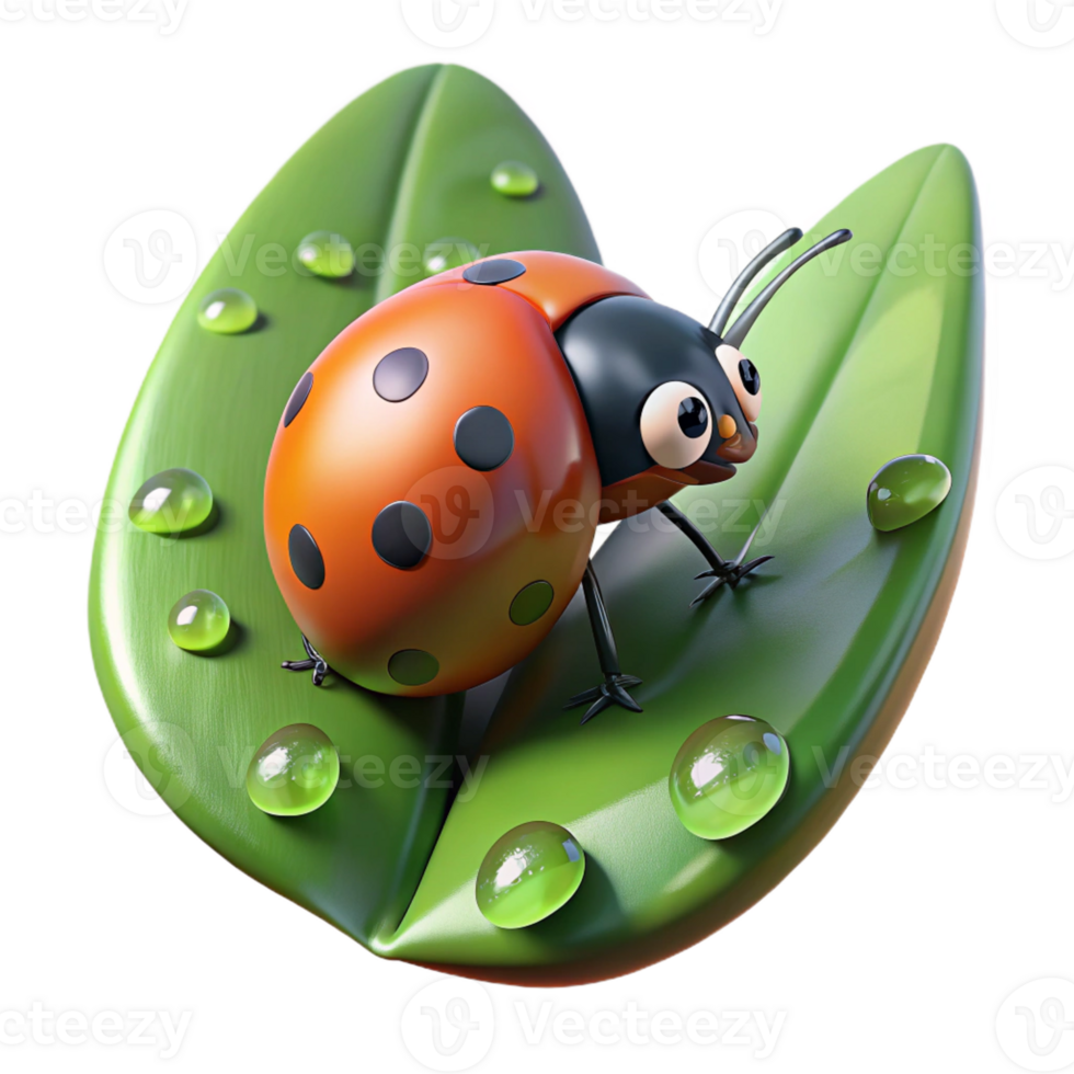 wonderful creative A tiny ladybug crawling on a dew-covered leaf, in a macro, photorealistic style detailed png