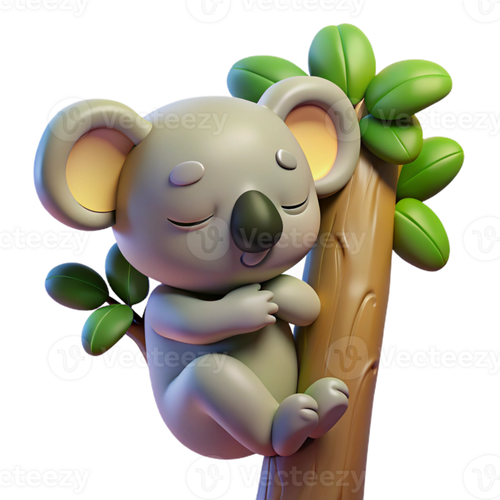 impressive minimalist A sleepy koala clinging to a eucalyptus tree, illuminated by dappled sunlight, in a charming, cartoonish style high quality png