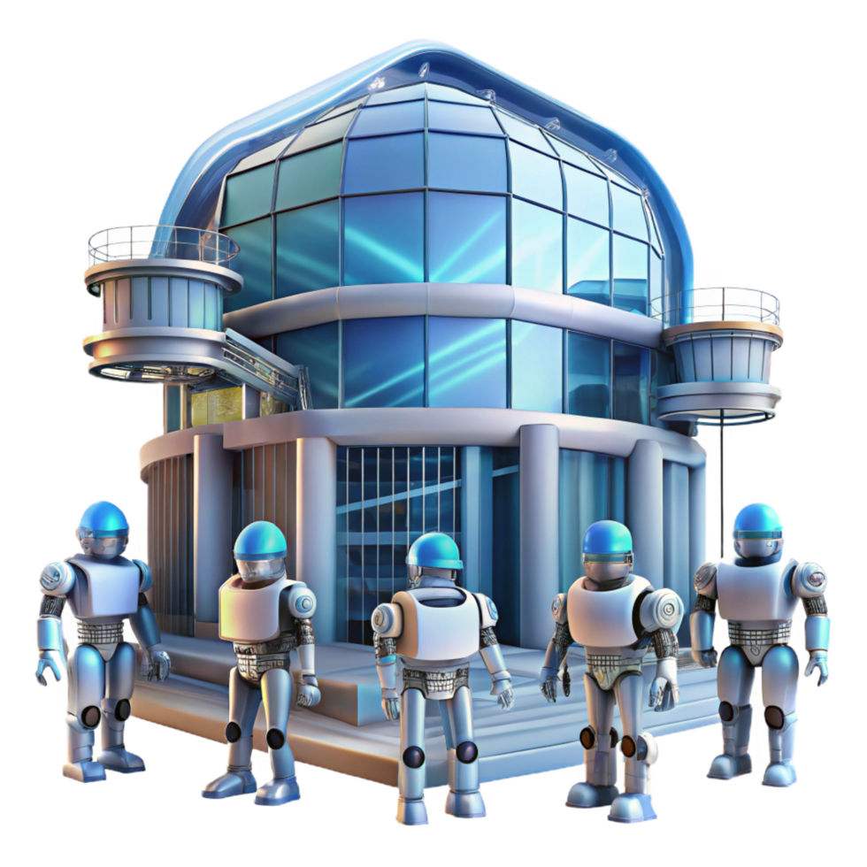 magnificent creative A group of robots, constructing a massive, futuristic building, against a backdrop of swirling nebulae. Constructivist style, dynamic lighting detailed png