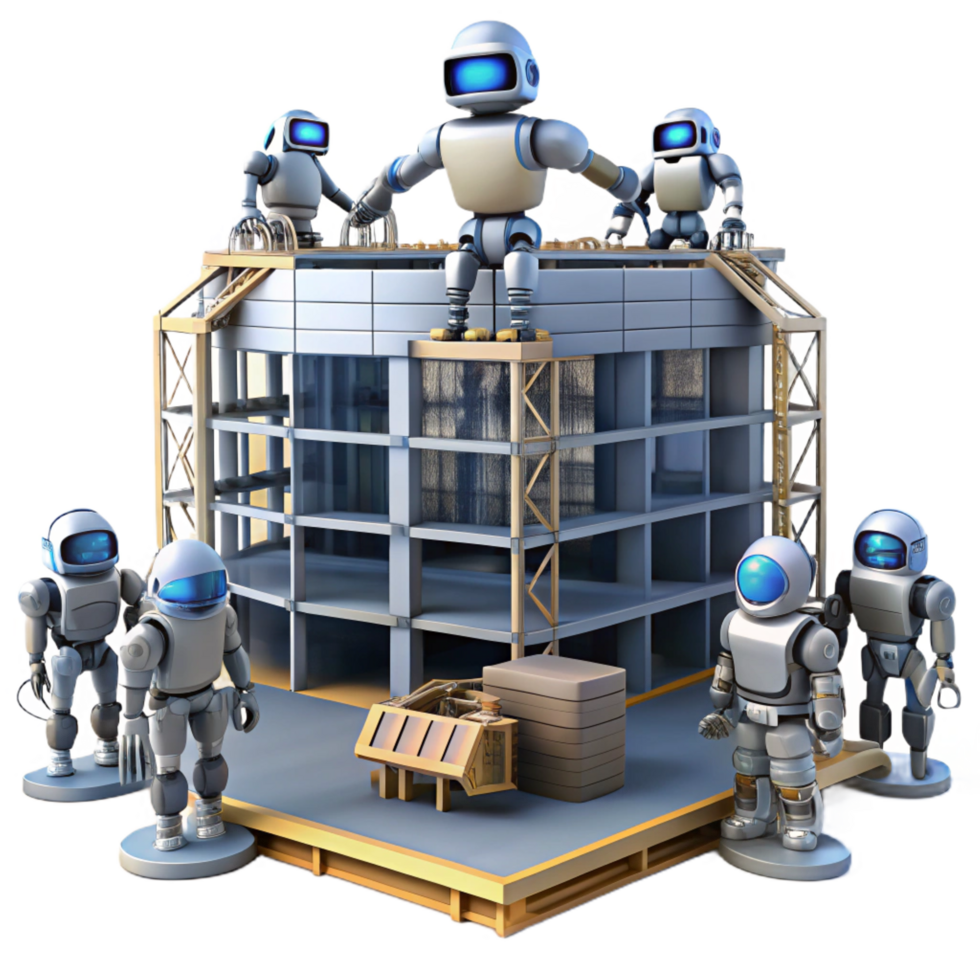 wonderful artistic A group of robots, constructing a massive, futuristic building, against a backdrop of swirling nebulae. Constructivist style, dynamic lighting high quality png