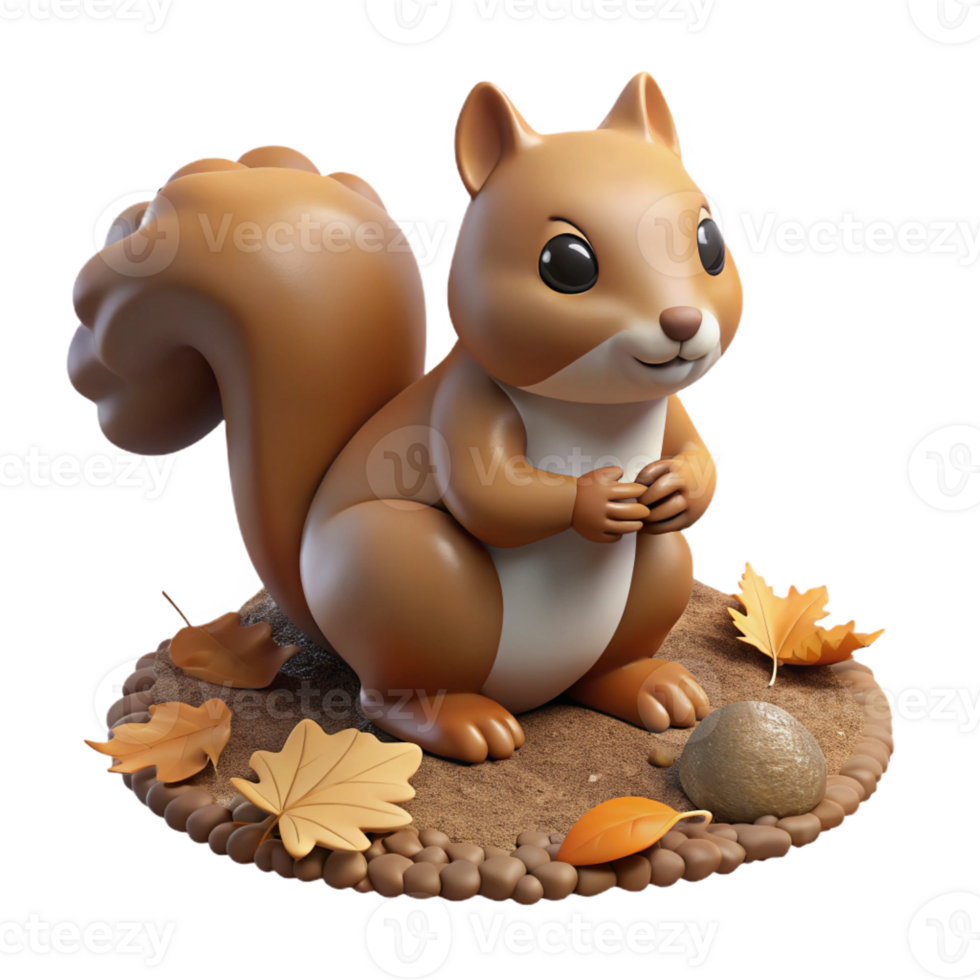 elegant contemporary A curious squirrel burying a nut in the ground, surrounded by fallen leaves, in a detailed, realistic style premium png